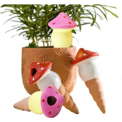 Lot de 4 pics d'arrosage automatique pour plantes en pot en forme de champignon - Dispositif d'irrigation goutte à goutte pour plantes en pot (2 blancs + 2 jaunes) (1/4)