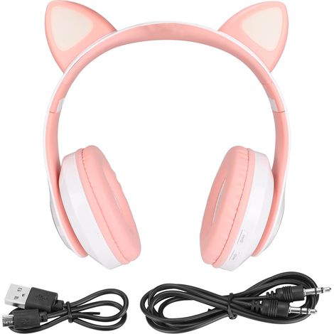 Casque Enfant Bluetooth 5.0 Oreilles de Chat Lumineux Pliable Sans Fil - Rose Blanc (1/5)