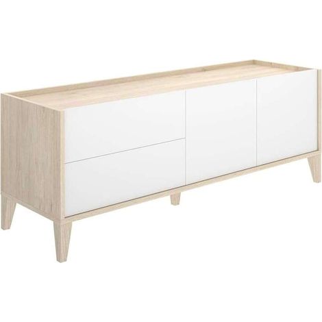 Mueble de televisión 2 puertas 2 cajones modelo Celia acabado Natural-Blanco, 50.1cm(alto) 129cm(ancho) 39.2cm(fondo).