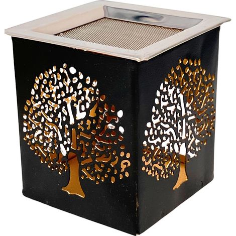 Brûleur d'encens avec passoire à encens et bol d'encens, arbre de vie, noir, doré, carré (1/5)