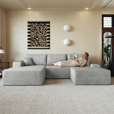 Canapé d'angle 270 cm en mousse sans os avec méridienne en L, canapé modulable moderne à assise profonde, livré monté, canapé compressible pour salon, chambre, appartement, gris (1/5)