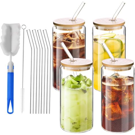 4 Pièces Verre avec Paille, 500 ml, Couvercle Bambou, Verre Épais, pour Café Glacé, Smoothie, Cocktail