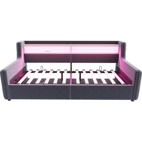 Divano letto imbottito 90 x 200 cm grigio scuro con contenitore, LED e prese (1/5)