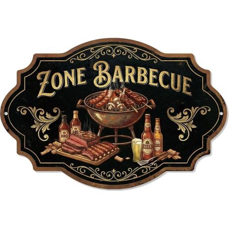 Plaque métal “Zone Barbecue”, enseigne Murale Vintage Noir doré, décor Cuisine d’été terrasse Jardin, Panneau tôle BBQ Grill plancha fumoir, idée déco Garage Bar (1/5)