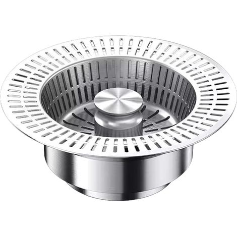 Crépine d'évier en acier inoxydable, grand panier de filtration avec bouchon escamotable pour cuisine, salle de bain ou atelier. (1/5)