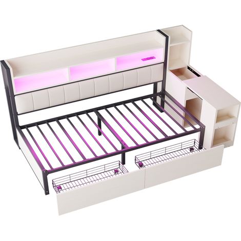CAIziLit banquette 90x200 cm en fer avec LED, prises et rangement bureau blanc (1/5)