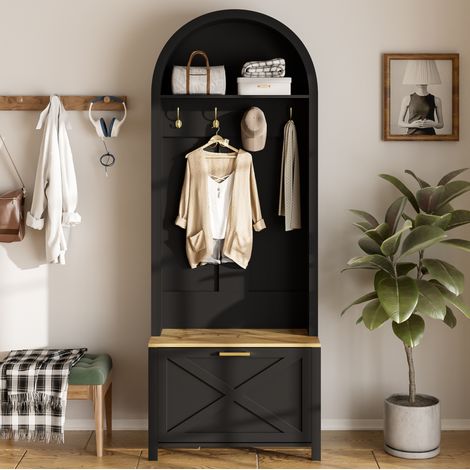 Armario perchero 75x35x195 cm negro y madera en MDF con estante, ganchos y zapatero (1/5)