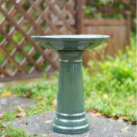Bagno per uccelli in ceramica verde scuro 31,5x31,5x38 cm antiscivolo da giardino – MEUBLIV (1/5)