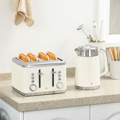 Elegant Cream Kettle and 4-Slice Toaster Set with Precise Temperature Control,Powerful 3000W,Easy-to-Clean Design,Modern Kitchen Aesthetic