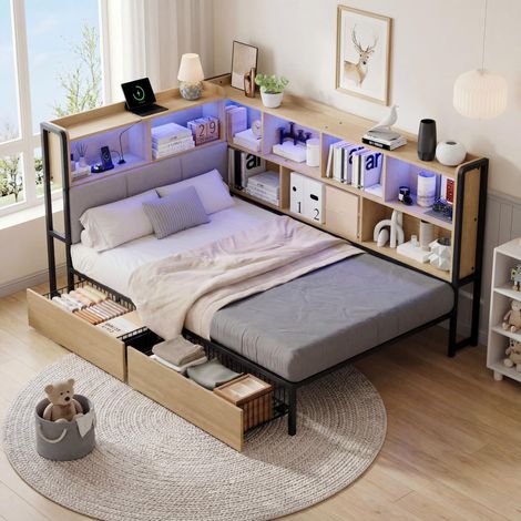 Lit banquette 90 x 200 cm naturel avec LED USB-C 2 tiroirs sommier métal tête de lit rangement tissu lin gris ado chambre enfant