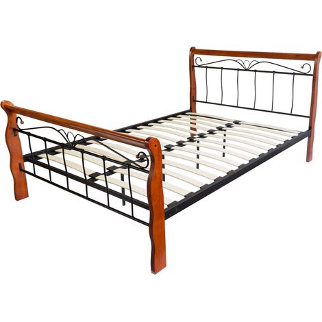 Lit adulte 2 personnes en métal et bois 160 x 200cm avec sommier à lattes LIT06024 (1/4)