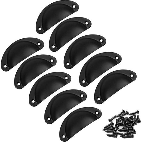 10 tiradores vintage con forma de concha, pomos para puertas, tiradores para muebles, tiradores de hierro retro con tornillos para cajones, armarios y alacenas de cocina, 8,2 cm x 3,5 cm (negro) (1/5)