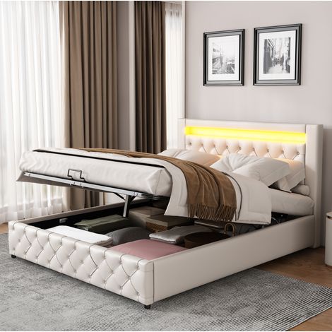 DESVIAE Lit rembourré avec rangement hydraulique et éclairage LED 140 x 190 cm blanc en faux cuir avec sommier à lattes (1/5)