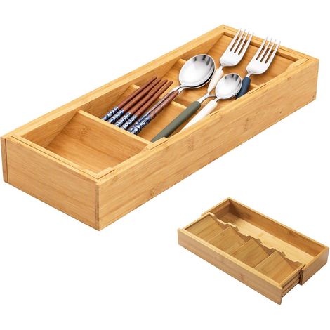 Range-couverts en bois 4 à 5 compartiments, inserts de tiroir de cuisine, compartiment à couverts réglable pour le tiroir, organisateur de tiroirs de cuisine, largeur réglable (1/5)