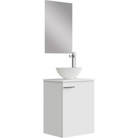 Ensemble de Meubles de Salle de Bain 45 cm. Comprend Un Meuble avec lavabo. mélamine 16 mm. Meuble monté. Plateau + lavabo. avec Miroir 1 Porte et poignée Horizontale Blanche (1/5)