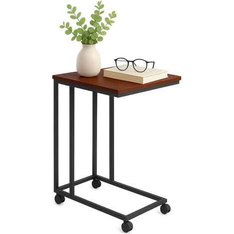 Relaxdays Beistelltisch mit Rollen, HBT 68 x 50 x 35 cm, MDF, Metall, C-Form, Sofatisch zum Unterschieben, braun/schwarz