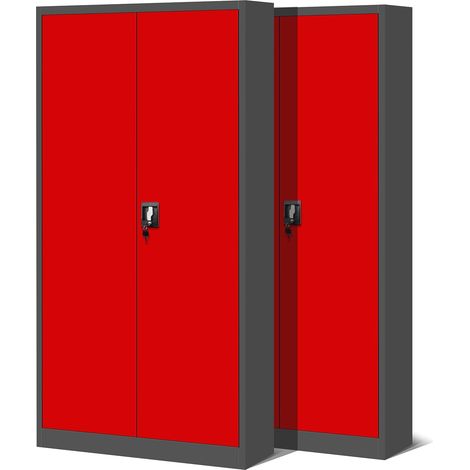 2er Set Aktenschrank C001H Büroschrank Metallschrank Stahlschrank Werkzeugschrank Stahlblech Pulverbeschichtet Flügeltürschrank Abschließbar 195 cm x 90 cm x 40 cm (anthrazit/rot)