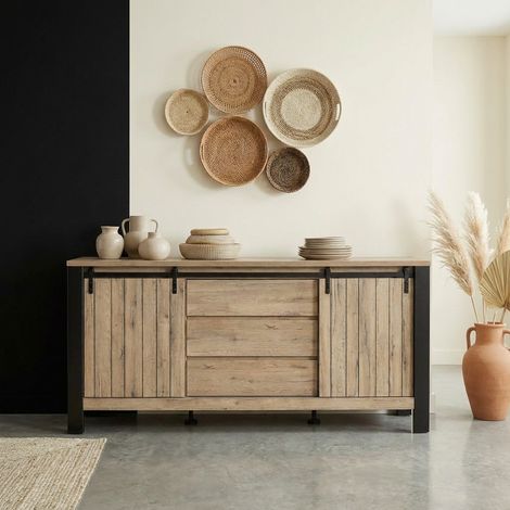 Buffet/bahut industriel 220 cm chêne/noir Simeo (1/5)
