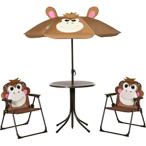 Outsunny Kids Bistro Table and Chair Set, Outdoor Folding Garden Furniture w/Monkey Design, Removable, Adjustable Sun Umbrella, Ages 3-6 Years - Brown