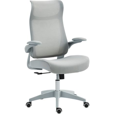 HOMCOM silla de oficina giratoria de malla, con soporte lumbar, reposabrazos abatibles, reposacabezas integrado, basculante, altura ajustable, gris