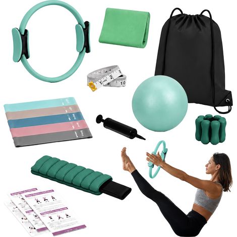 Relaxdays Set pilates, 13 piezas: aro, pelota, 6 bandas de resistencia, muñequeras con peso, accesorios para casa, verde (1/5)