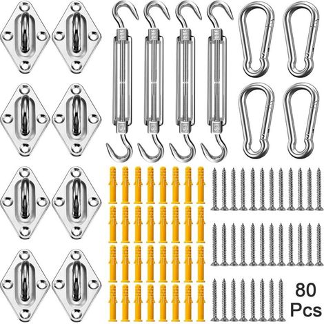 Kit de Fixation Voile d'Ombrage pour Patio 80 Pièces, Acier Inoxydable 304 Kit Accessoires de Fixation Attache Toile ombrage Installation, avec 4 x M6 Tendeur Réglage (1/5)