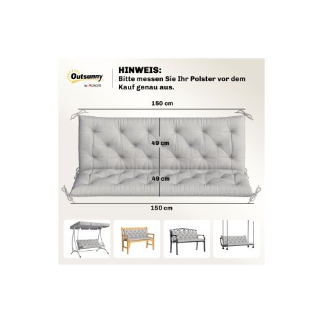 Coussin de banc 3 places gris clair 150 x 98 x 8 cm avec liens et rembourrage pour jardin terrasse et intérieur (1/5)