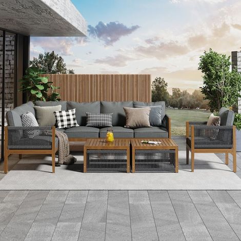 Salon de jardin - Modulable 7–8 places - Bois d'acacia - Housse déhoussable lavable - Tressage corde naturel/gris