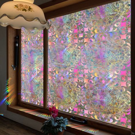 Lntyq Film de Confidentialité pour Fenêtre en Vitrail Mandala 100x43cm 3D Arc en Ciel Décoratif Autocollants de Fenêtre Non Adhésifs Contrôle de la Chaleur UV Blocage du Soleil Autocollants (1/5)