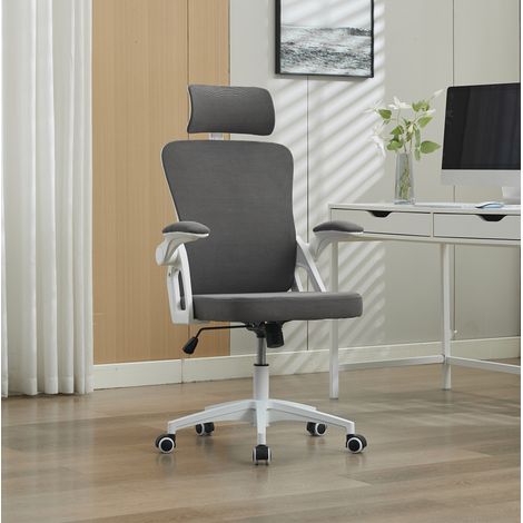 Chaise de bureau ergonomique grise avec dossier en maille et appui-tete reglable – 58 x 28,5 x 58 cm (1/5)