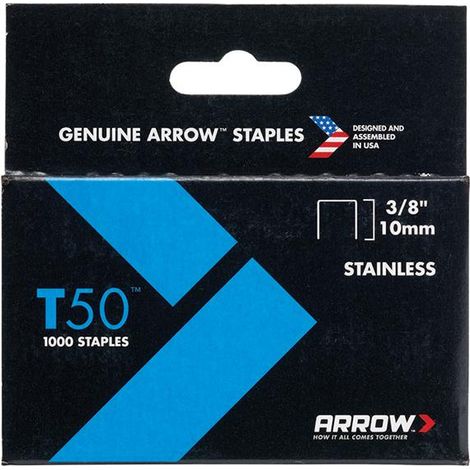 ARROW T50/T55 Stainless Steel Staples 0.050 Wire 10mm (3/8 in) Box 1000 (1/3)