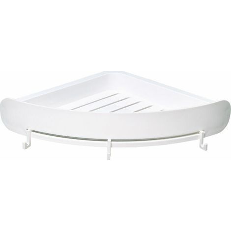 Étagère d'angle blanche pour la cuisine ou la salle de bain - Sans perçage au mur - Avec trois crochets pour boules de bain ou autres - Étagère de douche/étagère murale - Plastique ABS (1/5)