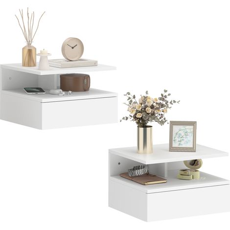 Set di 2 Comodini Sospesi con Cassetto e Mensola Aperta, 35x32x22.5 cm, Bianco