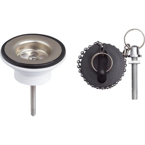 1 - Bonde de lavabo - Grille inox - Avec bouchon plastique noir et chaînette pour évacuation salle de bain chromé 25cm (1/4)