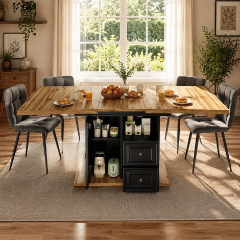 Ausziehbarer Tisch 110/140 x 80 x 75 cm mit Stauraum, MDF/Metall, Naturholz HAVRYA (1/5)