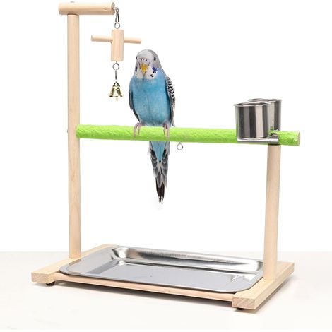 Aire de jeux pour oiseaux - Bois naturel - Support de jeu - Mangeoires - Plateau amovible - Pour perruches, calopsittes, inséparables (1/4)