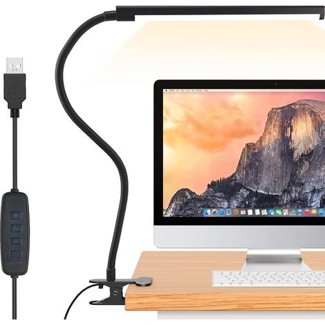 Lampada da scrivania LED dimmerabile con telecomando, 3 temperature di luce e 10 livelli di luminosità, collo d'oca flessibile 37 cm, USB, clip per lettura, facile installazione, classe A