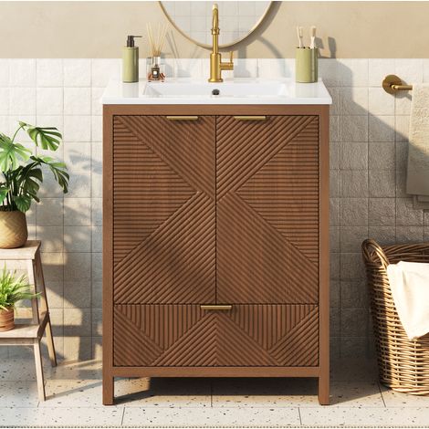 MODFU – Mueble bajo lavabo 61x47 cm de MDF/cerámica con lavabo, 2 puertas, cajón, cierre suave y carga 70 kg – Nogal (1/5)