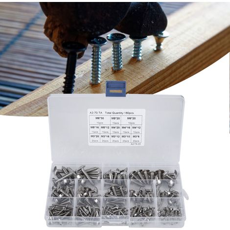 180 Pièces Vis à Tête Plate Autotaraudeuse en Acier Inoxydable M3 M4 M5 M6 - Kit Polyvalent pour Bricolage et Réparations (1/5)