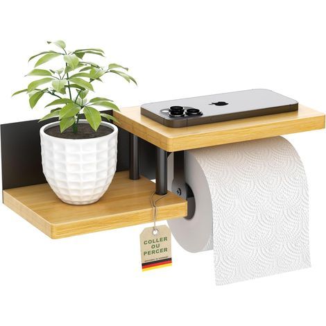 1 Porte Papier Toilette Mural, Bambou Noir, Étagère Intégrée, Sans Perçage, Pour Salle De Bain (1/5)