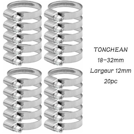 TONCHEAN Collier de Serrage Tuyau Réglable 18-32mm Gamme en Acier Inoxydable 304 Assortiment Tuyau Pinces Clips pour Famille Tuyau D'eau, Home Gaz, Tube D'automobiles, Robinet 20 Pièces (12mm) (1/5)