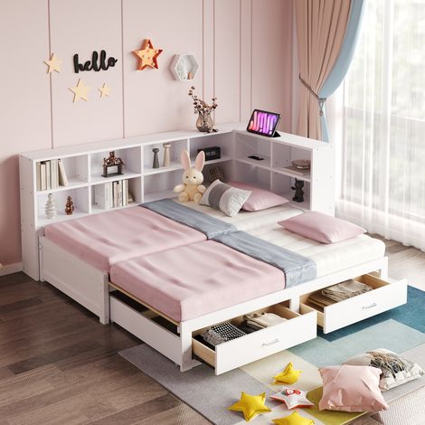 Lit gigogne 90/180x190 cm avec rangement, tête de lit avec ports USB et Type-C, en bois, blanc, sans matelas (1/5)