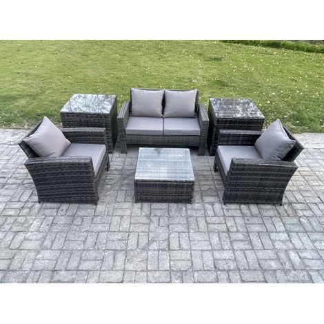 Fimous Outdoor Lounge Sofa Set Wicker PE Rattan Garden Furniture Set with Armchair Square Coffee Table Double Seat Sofa 2 Side Tables Dark Grey Mixed (1/5)