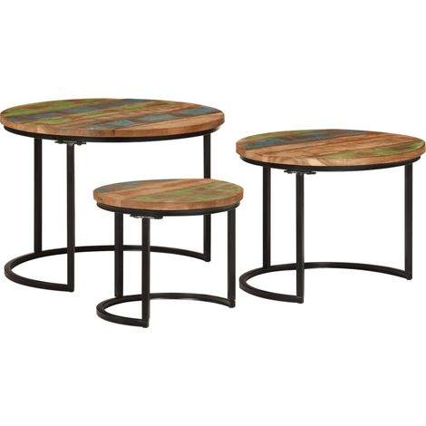 3 pcs Tables gigognes，Tables d'appoint，Table basse bois massif de récupération CFW67298 (1/5)