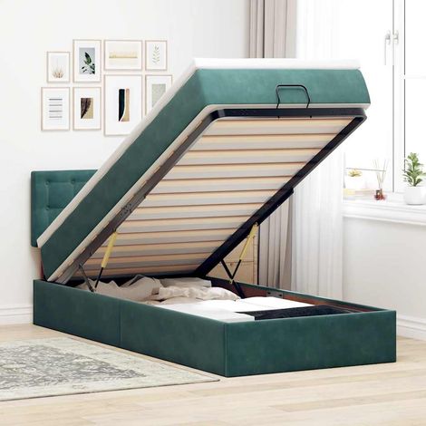 Cama otomana con colchón y LED terciopelo verde oscuro 90x200cm (1/5)