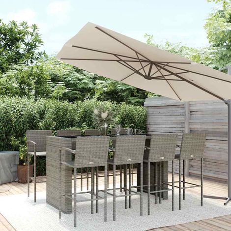 vidaXL Mesa y taburetes altos jardín 9 piezas ratán sintético gris (1/5)