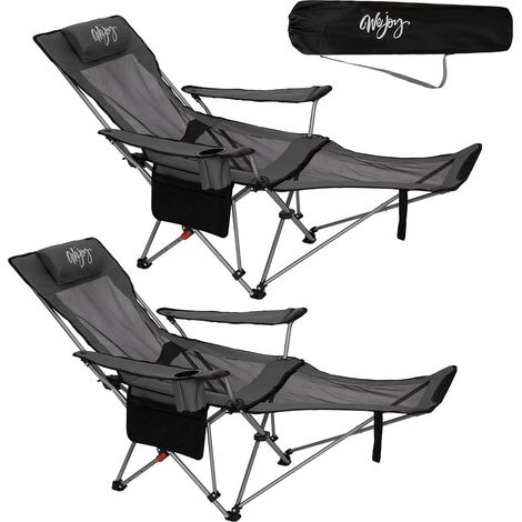 Lot de 2 chaises de camping pliantes 2 en 1 180 kg avec repose-pieds, chaise de plage avec dossier réglable en 4 positions, chaise inclinable avec porte-gobelet, chaise longue pour camping en (1/5)