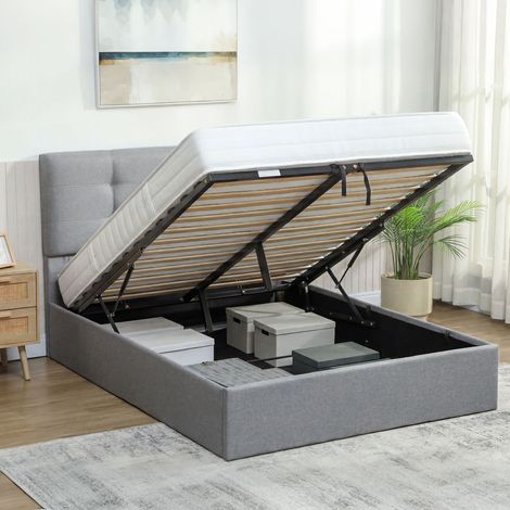 Lit coffre 140x190, cadre de lit double rembourré avec sommier à lattes en bois et rangement cach, sans matelas, gris (1/5)