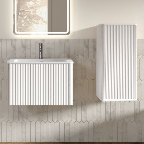 Mueble de baño moderno con lavabo, mueble bajo y armario lateral, blanco, MDF, contrachapado y superficie sólida (1/5)