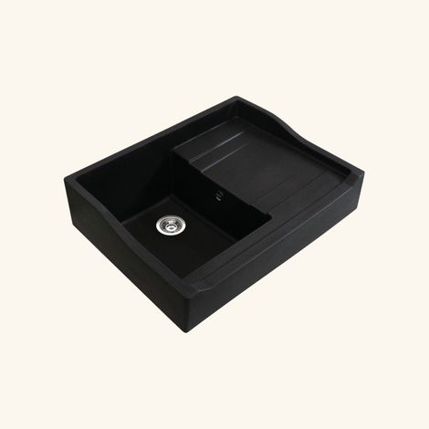Kümbad – Évier timbre d'office granit noir 89,3x60,8 cm – 1 bac avec égouttoir à droite – Vidage automatique – Pour meuble sous évier 90 cm